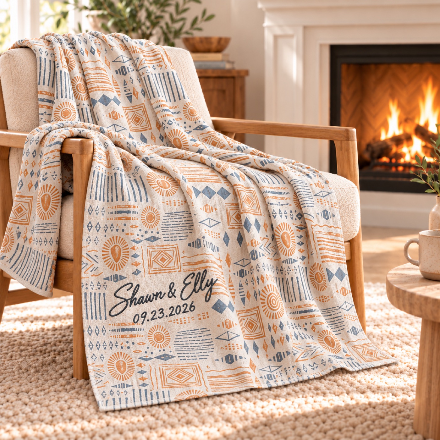 Boho Sun embroidered throw draped over an armchair beside the fireplace