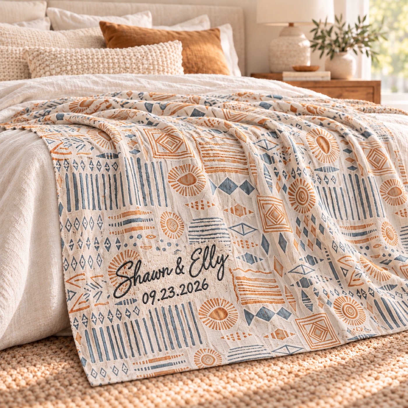 Boho Sun personalized blanket spread across a cream bed