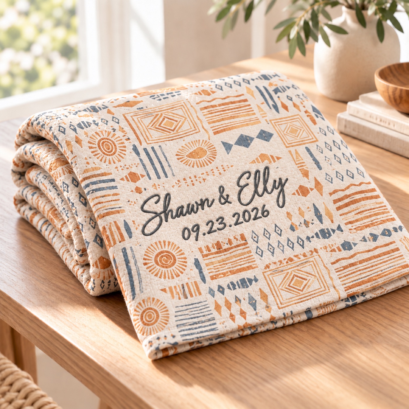 Close-up of the script name and date embroidery on the folded Boho Sun throw
