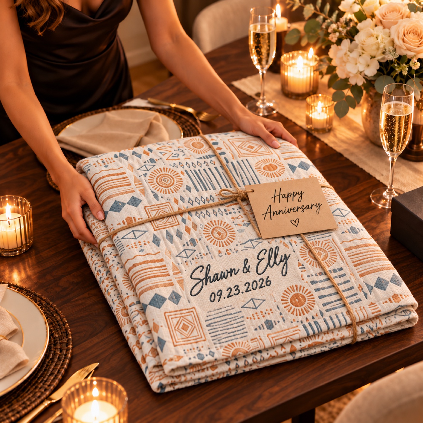 Boho Sun personalized blanket tied with twine and an anniversary tag on a candlelit table