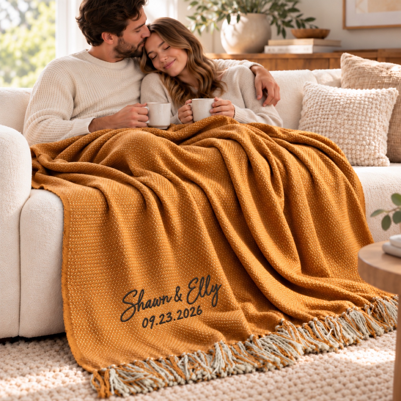Couple cuddled on the sofa under the golden amber personalized blanket