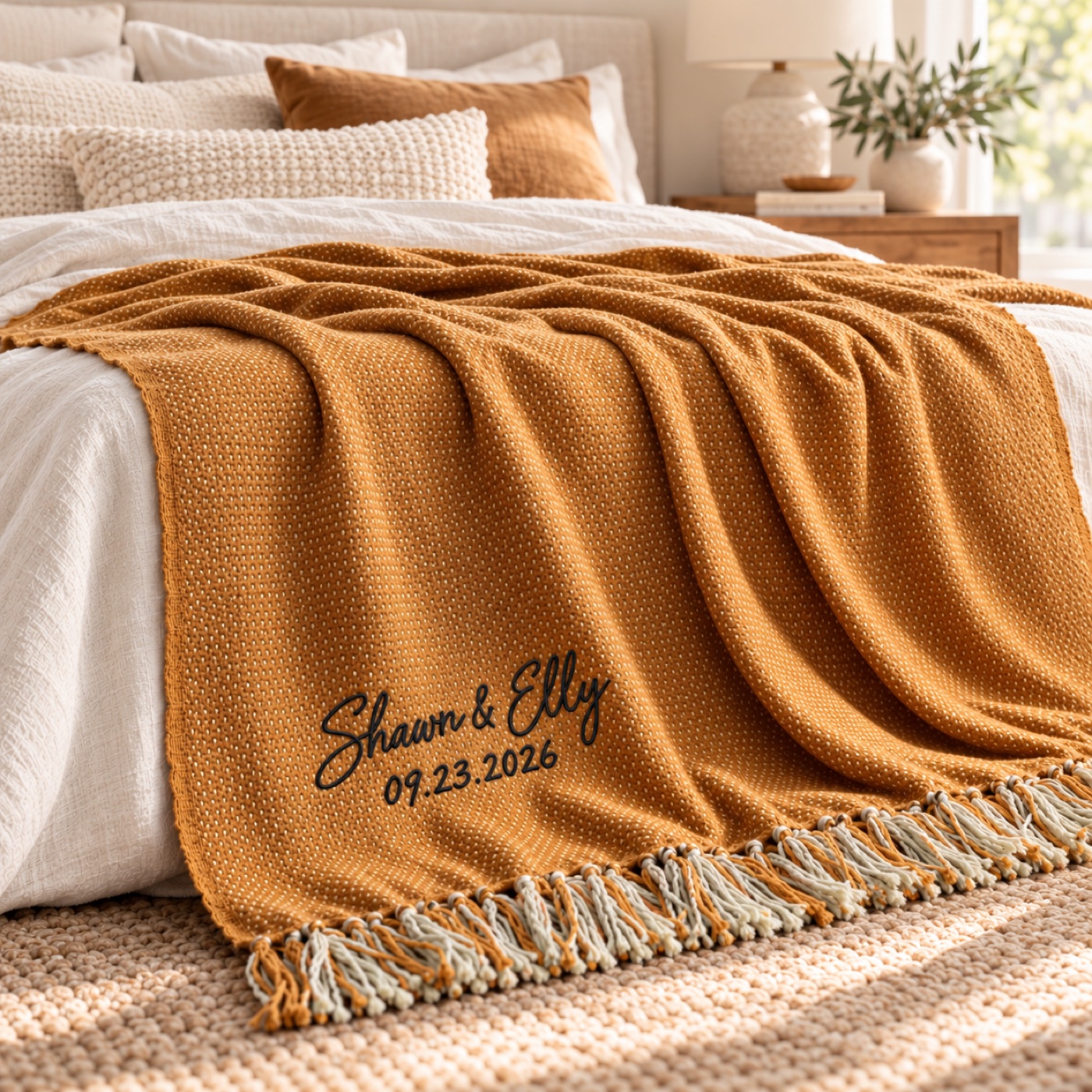Golden amber embroidered throw at the foot of a cream bed