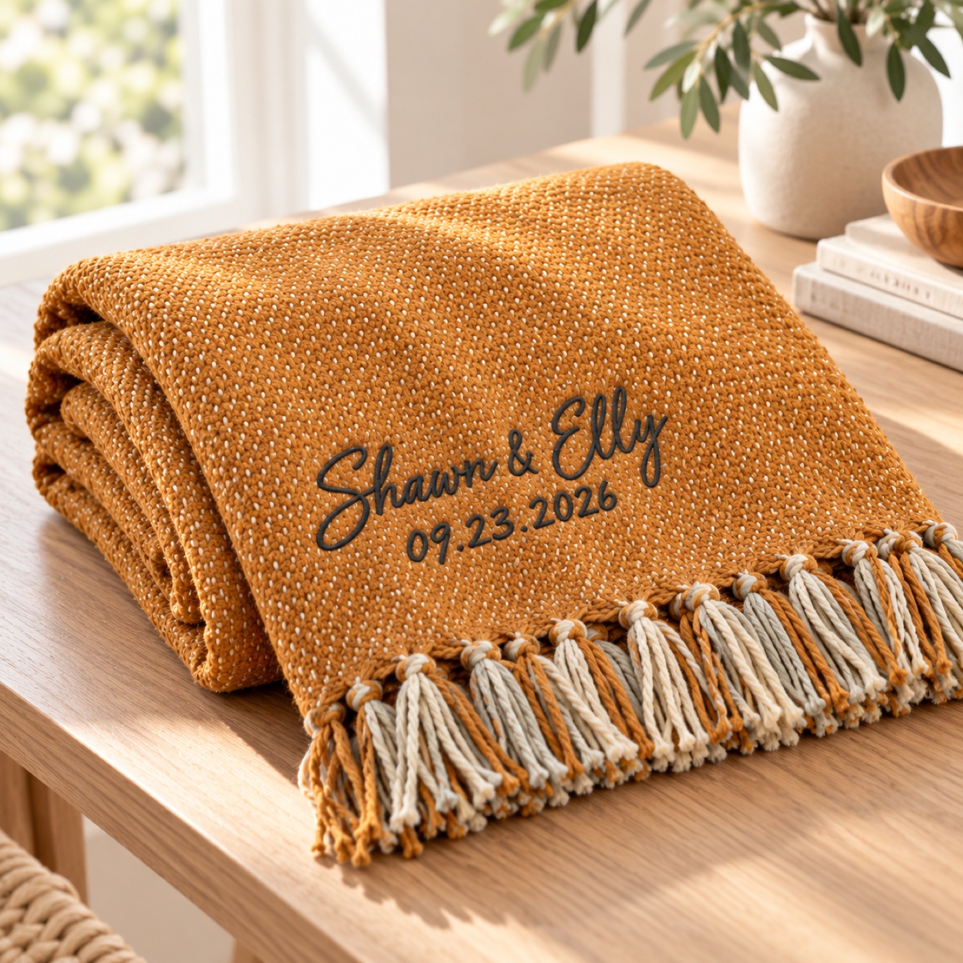 Close-up of the script name and date embroidery on the folded golden amber throw