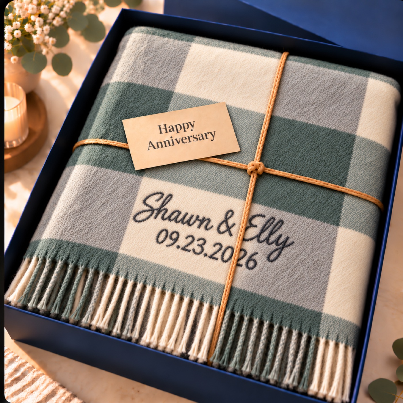 Sage check name and date blanket in a navy gift box with a Happy Anniversary tag