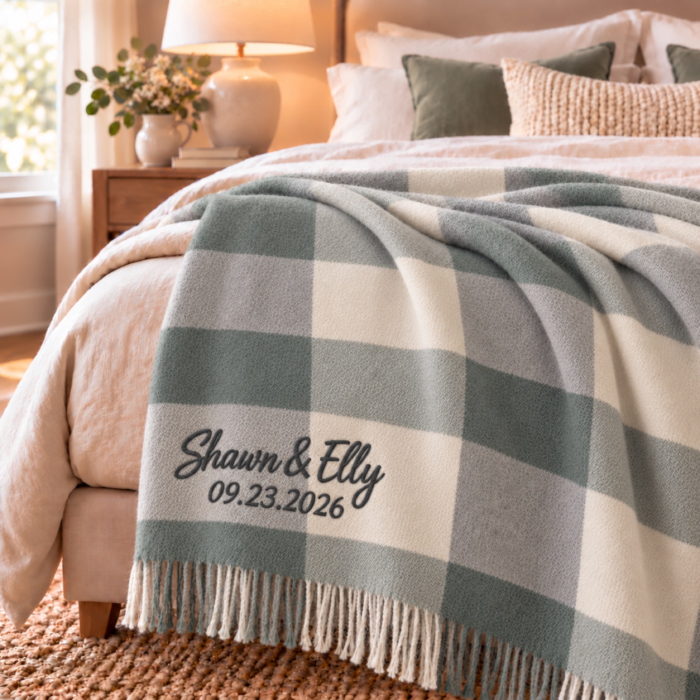Sage check embroidered throw at the foot of a cream bed