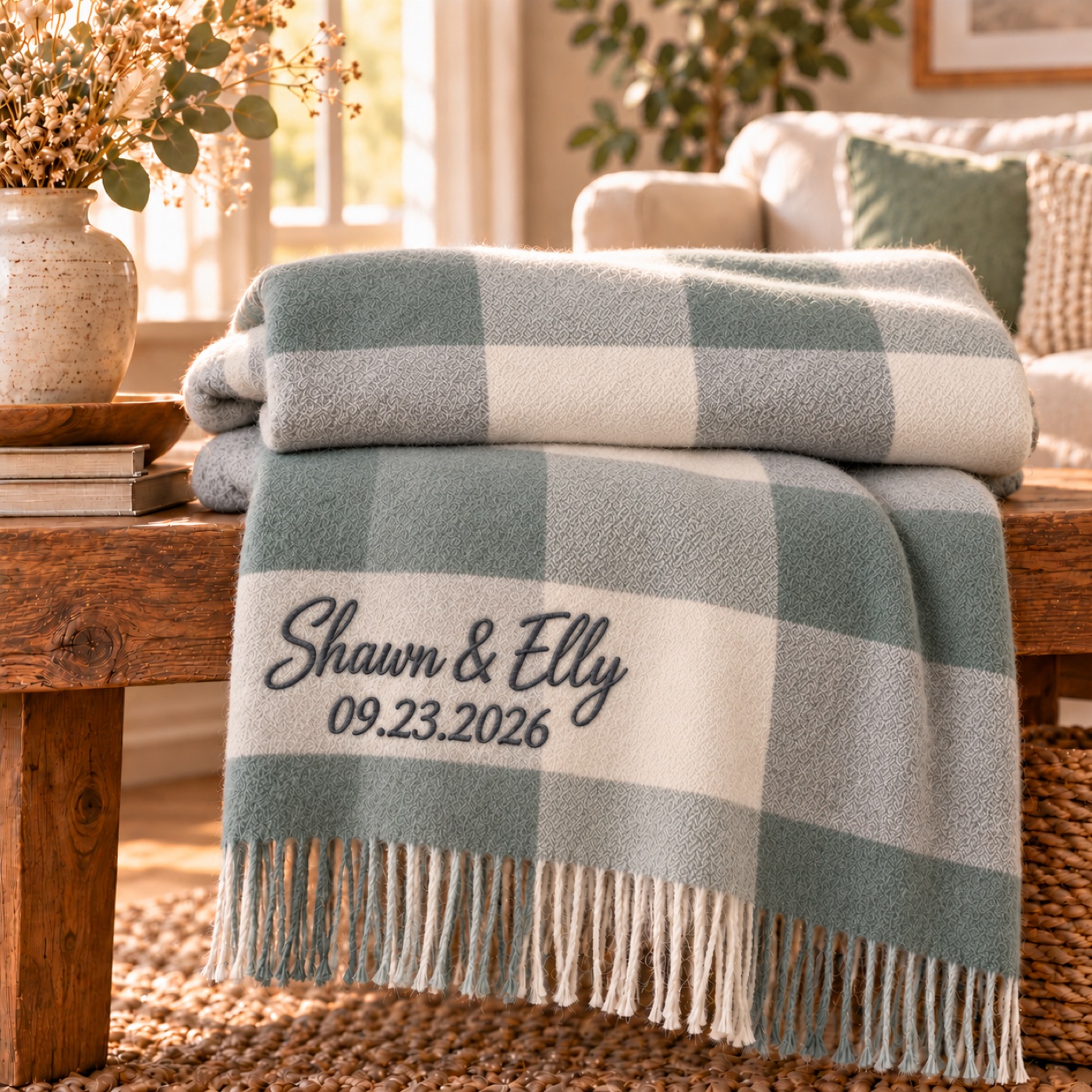 Folded sage check personalized blanket on a wooden bench