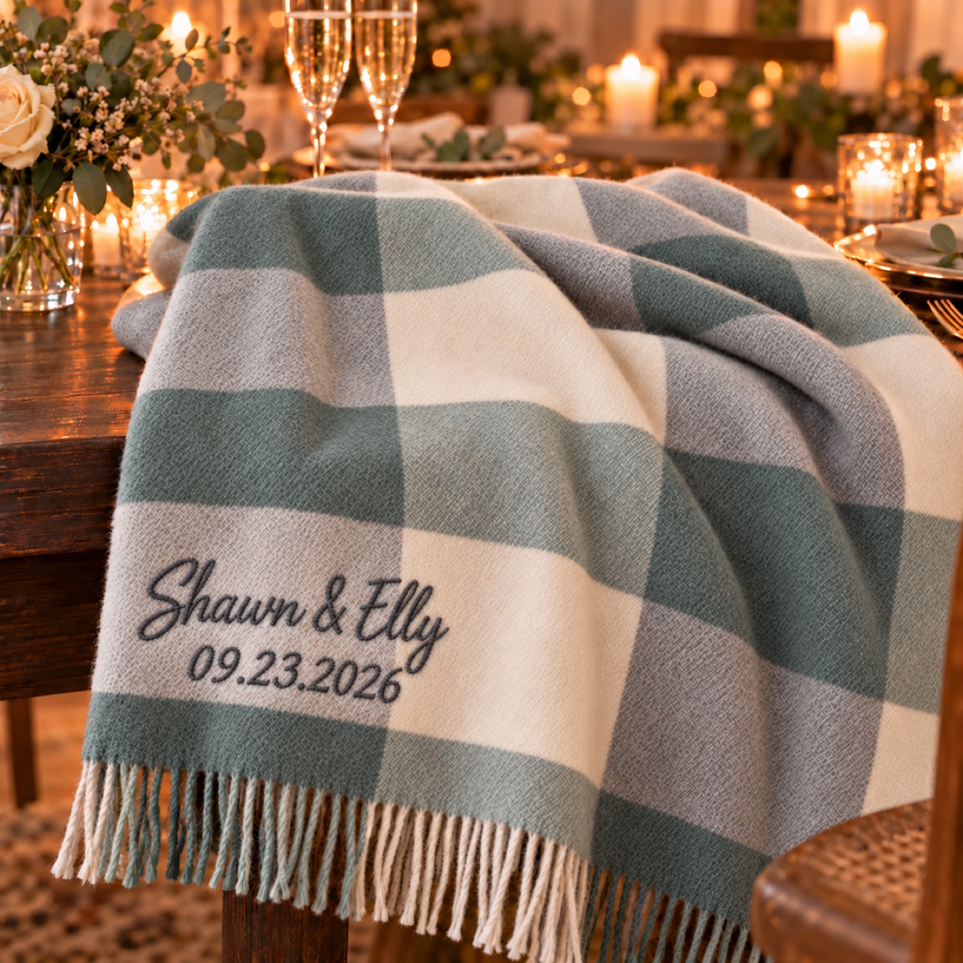 Sage check personalized blanket draped on a chair at a candlelit dinner