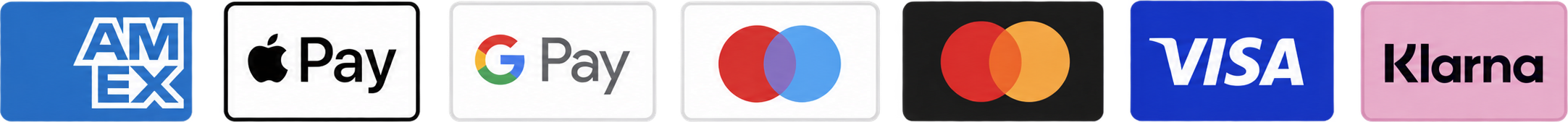 Pay with American Express, Apple Pay, Google Pay, Mastercard, Visa, or Klarna